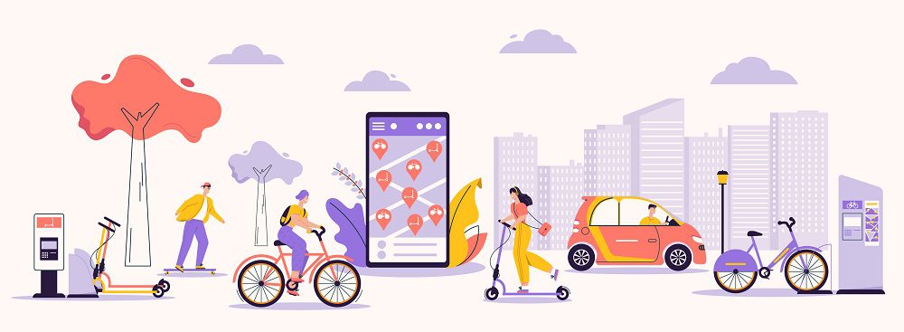 Vector character illustration of urban infrastructure and modern lifestyle. Man, woman using rental service: skateboard, kick scooter, bicycle, electric car. Mobile app for search, rent eco transport Mobility Budget (Payroll Belgium)